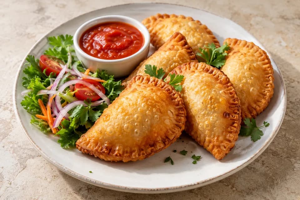 Pastels dorés, sauce tomate et salade fraîche